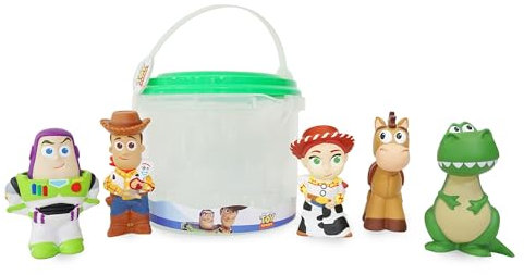 Disney Store Official Toy Story Bath Toy Set, 5 Pc, Includes Buzz Lightyear, Woody, Jessie, Bullseye and Rex, Bucket with Straining Lid, Bath, Paddling Pool and Garden Toy, 6 months+