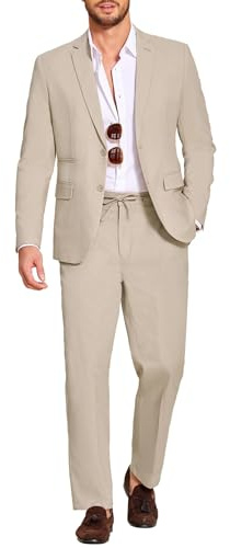 COOFANDY Men's 2 Piece Linen Suits Set Regular Fit Casual Lightweight Blazer Jacket and Pants