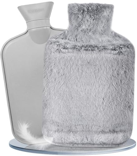 HAOCEE Wärmflasche mit Bezug, 2L Wärmeflasche Groß Flauschig,Wärmflaschen mit Känguru-Tasche,Auslaufsicher und Getestet, Wärmflasche lange warm, Bettflasche(Grau)