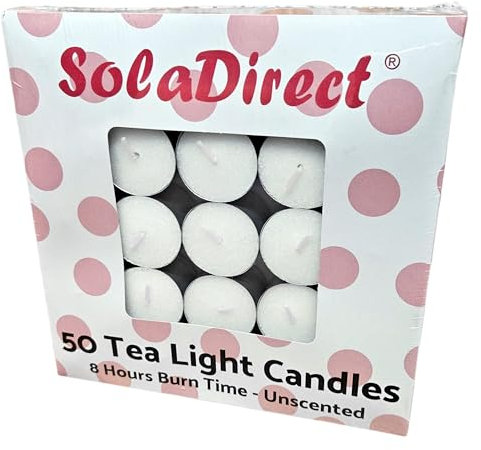 8 Hour Tealights Pack of 50 - Long Burn White Unscented Smokeless Tea Light Candles 38 mm x 25 mm - Bulk Wedding Party Catering Home Table Decor - Clean-Burning Wax - Indoor Outdoor Use