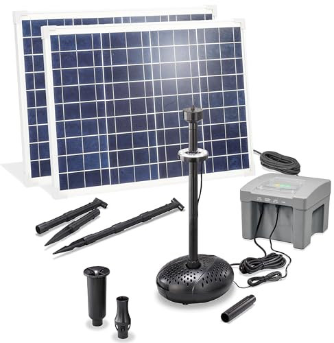 esotec Solar Teichpumpenset 100 4000, LiFePo4 Akku, Filter, Sprinklerpumpe 4000 l/h, Erdspieß, Solarmodule 100W, Solarbrunnen Gartenteich, Wasserspiel Springbrunnenpumpe, Komplettset, außen, 101941