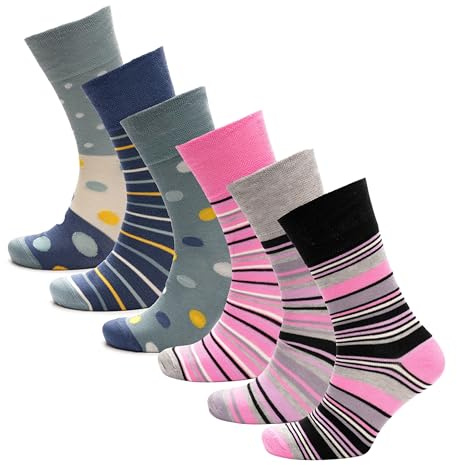 GM Apparel Ladies Bamboo Non-Elastic Diabetic Antibacterial Soft Socks - Breathable Moisture-Wicking Wellness Socks Skin-Friendly for Everyday Wear, Pack of 6 Pairs (Design 1)