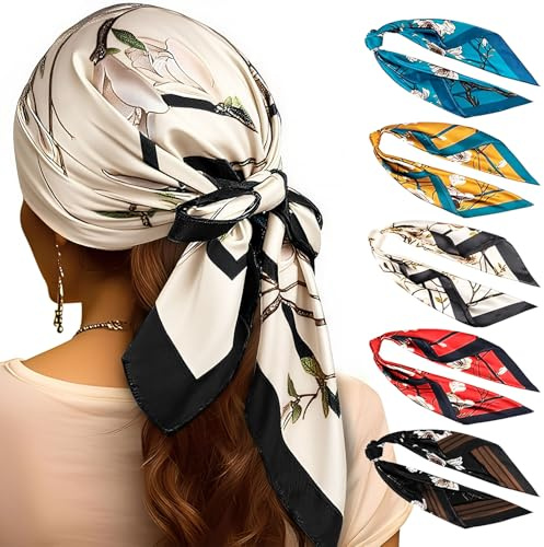 Voarge 5 Pack Femmes Grand Foulards Carrés Satin Foulards,90cmx90cm Foulard Carré Femme,Cheveux Écharpe Sommeil Wraps