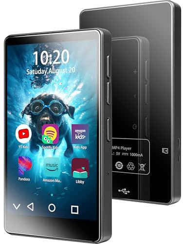 MP3 Weehomy con Bluetooth e WiFi, lettore MP4 da 4” 1080P Full Touch Screen con Spotify, YouTube preinstallato, Spotify Kids, Amazon Music, Audible, App Store, auricolari inclusi (144 GB)