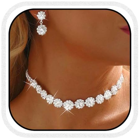 Reaky Bridal Jewelry Set Silver Rhinestone Earrings and Necklace Sets Wedding Prom Jewelry for Women(Pack of 2)