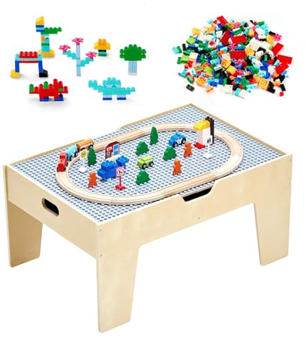 VEVOR Table Circuit Train Bois, avec 290 Briques de Construction 30 Accessoires, Ensemble Rail de Train et Véhicules, Grand Espace de Rangement, Table Activités Créativité pour Enfants 3 Ans et Plus