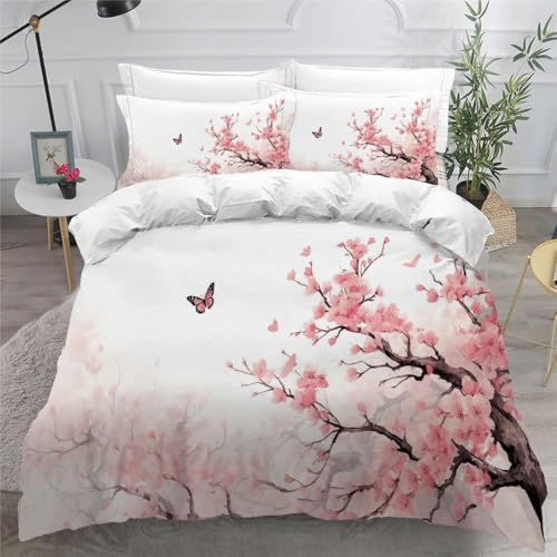 Funda Nordica Cama 90 Infantil Estilo Japonés 3D Ropa de Cama de 3 Piezas, Funda Nórdica 135x190 Flores de Cerezo Fundas de Edredón Microfibra con Cremallera y 2 Fundas de Almohada A-513