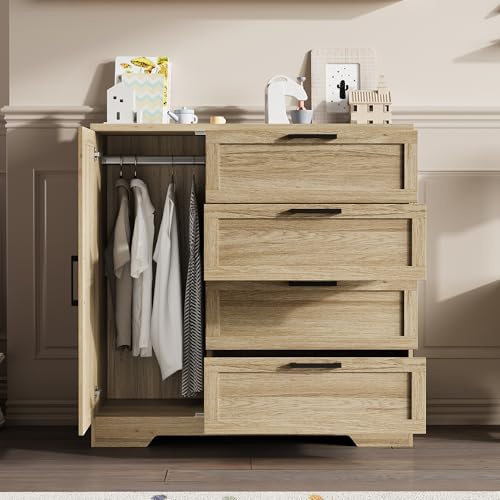 IDEALHOUSE 43.3'' H Armoire Wardrobe Closet with 4 Drawers and Hanging Rod, Multifunctional Wood 4 Drawers Dresser with Storage Closet, Clothing Storage Cabinets for Bedroom, Natural Oak