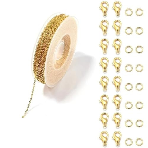 TXLEAPEY Kedjor 3 meter kabel stickning smycken tillbehör för tillverkning, halsband, örhängen, armband, kit gör-det-själv (guld)