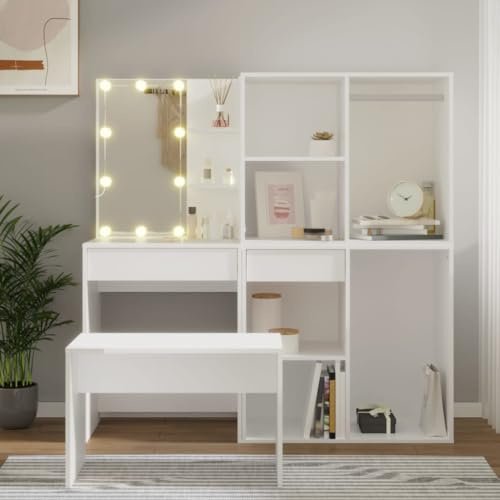 sephironlbb Sminkbordsset, vitt trämaterial med LED-belysning och USB-anslutning, inklusive pall, överskåp, underskåp, 60 x 40 x 140 cm, förvaringsutrymme för sovrumsmöbler, mångsidigt användbar