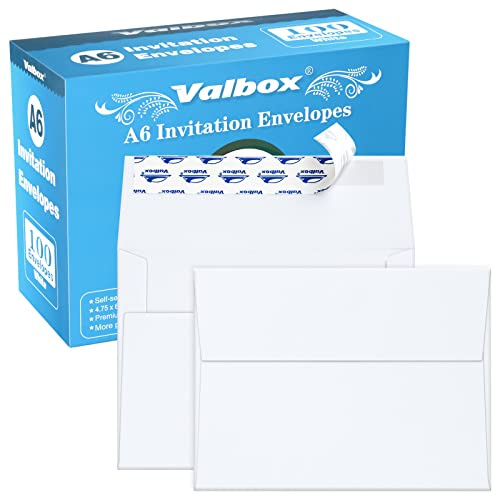 ValBox 100 Qty A6 Envelopes Self Seal 6.5 x 4.75 White Kraft Paper Invitation Envelopes for 4x6 Cards, Photos, Invitations, Weddings, Baby Shower, Birthday, Announcements, RSVP (A6)