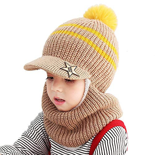 Uniyoung Baby vinter varm hatt halsduk småbarn flickor pojkar öronklaffar huva balaclava barn fleecefoder stickad pompom mössa hatt med visir skidor snökepsar för 1–5 år, Kaffe, en storlek