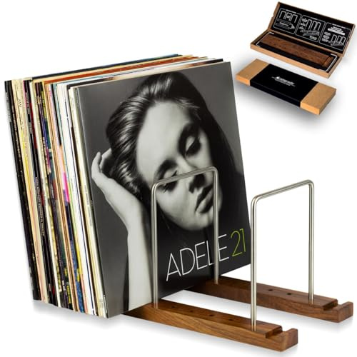 OpSubscription Samlingshållare för ljudskivor | 75 album justerbar 2 sektioner vinyl LP-förvaring | Nuspelande displaystativ | Elegant minimalistisk design | Solid valnöt och rostfritt stål | Framåt-