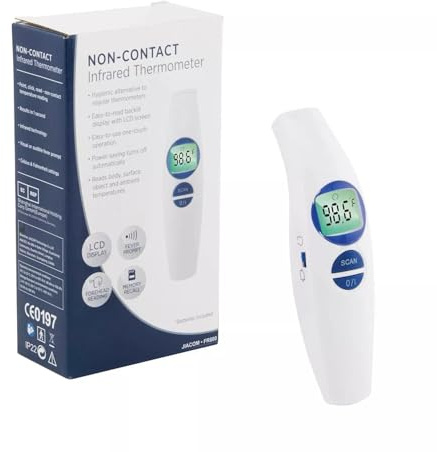 JIACOM Forehead Thermometer, Digital Infrared, Non-Contact, Fever Indicator, Memory Function, Adults, Kids, Baby, Indoor Use, FR800, 32-105F, 0.1F Resolution, Battery Powered, Contemporary Style, Baby