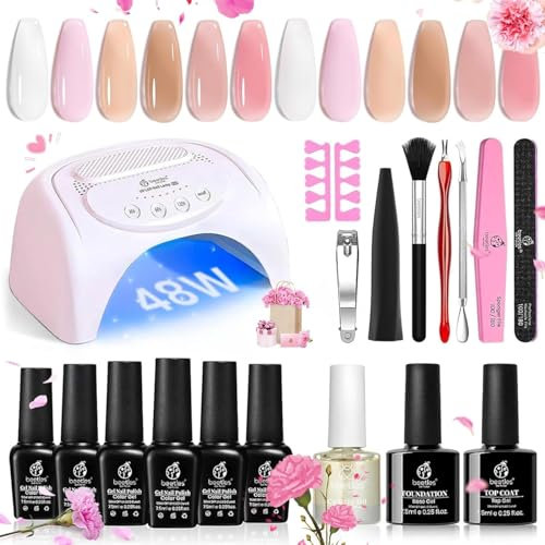 Beetles Gel Nagellack Set mit UV Lampe 48W,6 Farben Jelly Milky White Sheer Rosa Nude Nail Polish Starter Kit Maniküre Soak Off UV gellack Set Christmas Salon DIY Geschenke für Mädchen
