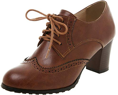 Birdsight Escarpins Creux Sculpté Femmes Talon Bloc Bout Rond avec Lacets Élégant Vintage Brogue Oxfords(Marron foncé 38)