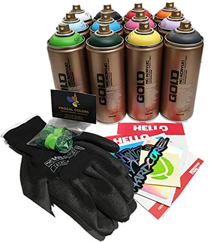 Muralism Montana CANS GOLD 12 colores Spray Spray (12 x Oro 400 ml + 1 x Guantes + 6 x Difusores + MTN CANS Adhesivo de regalo) Kit de graffiti para principiantes