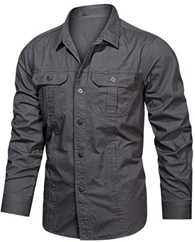 Générique JIER Hommes à Manches Longues Militaire Boutonné Cargo Chemise Coton Tactique Formation Randonnée Travail Chemises Hauts Minces avec Poches (Gris,L,L)
