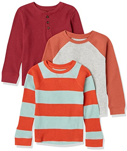 Amazon Essentials Jungen Langärmeliges, gestricktes Thermo-T-Shirt, 3er-Pack, Burgunderrot/Grau/Orange Rugby-Streifen, 4 Jahre