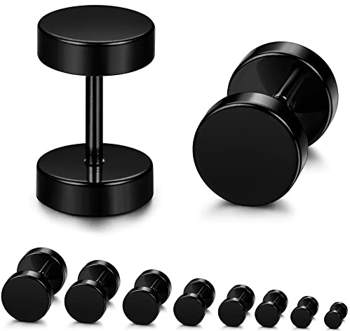 YADOCA 8 Paires Boucles d'Oreilles Noir pour Hommes Femmes Acier Inoxydable Hypoallergénique Faux Plug Haltère Barbell Boucles d'Oreilles Hommes Ensemble 3mm-10mm