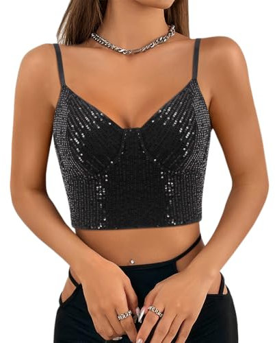Segreto Damen Glitzer Pailletten Tanktop Ärmellos Spaghettiträger Sexy Crop Top Trägertop Festival Party Club Schwarz Camisole