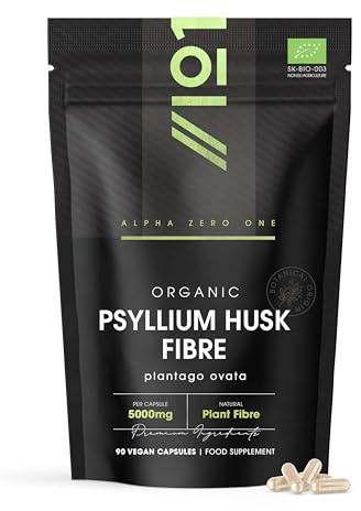 Organic Fibre Supplement 5000mg Psyllium Husk - Natural Prebiotic Fibre Supplement from Raw Plantago Ovata Seeds - 90 Vegan Capsules - Resealable and Recyclable Pouch by Alpha01