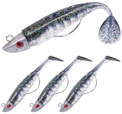 HOTUT Esca da Pesca Morbido Silicone, 3 Pezzi T Coda Esca Artificiale con Gancio Tagliente, Esca per Esca Morbida Occhi 3D per Bass, Trote e Crappie, Esche da Nuoto con coda a Paletta