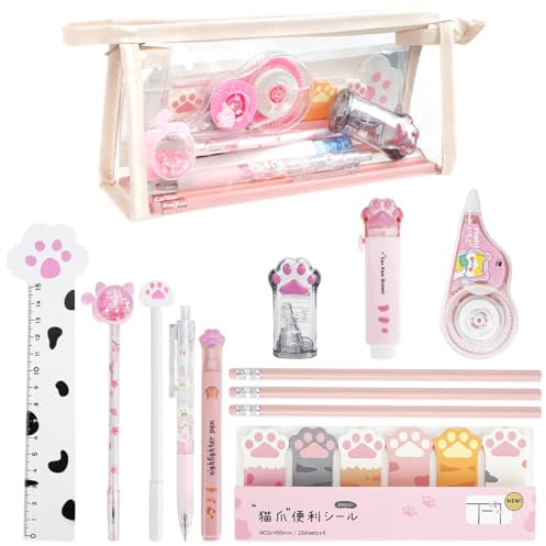 13 PCS Patte de Chat Kit Papeterie , Mini Rouleau à Crayons, Gomme Rétractable, Ruban Correcteur, Stylos Pointeurs, Règle, Notes Adhésives, Surligneurs pour Cadeau