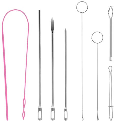 JIEYAO 8 Stück Nähschlaufen Set, Kordel Einfädler Werkzeug Flexibler Schlaufenwender Metall Pinzette Lange Schleife Durchziehnadel Loop Turner-Haken mit Riegel Strickzubehör für Gürtel Hoodies DIY