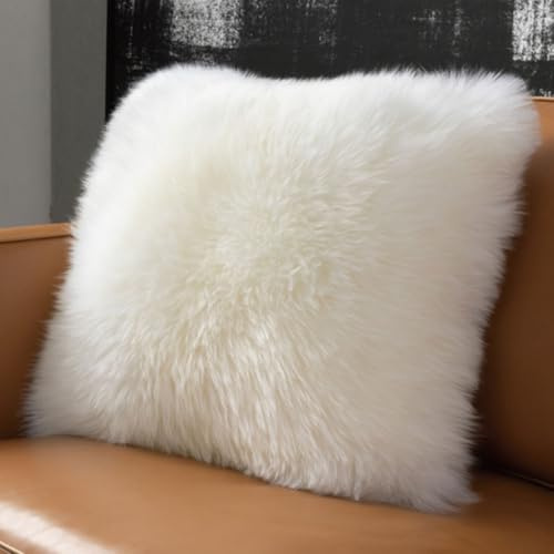Lamb Fur Cushion Covers,Luxury Genuine Sheepskin Fur cushion one sided, Decorative Pillow Shell for Sofa Bedroom,18 x 18 inches, White