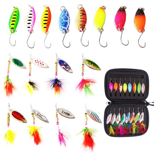 16Pcs Ensemble Leurres Pêche avec Boîte Rangement, Outils Cuillères à Truite 3g/3,5g/5,6g, Set Cuillers Appât Flottante Artificiels avec Pivotante, Kit Accessoires Appâts pour Brochet, Sandre, Perche