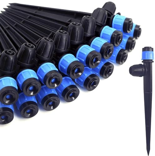 100PCS Émetteurs d’irrigation goutte à goutte avec piquet, ventilateur réglable à 360 ° Pulvérisateur Verrouillage du débit d’eau Goutteur barbelé pour tube d’irrigation goutte à goutte 1/4 