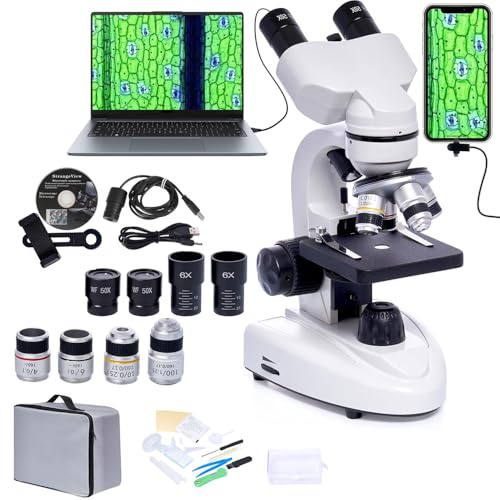 SELFIE CAT Microscopios binoculares de laboratorio para adultos, microscopio compuesto biológico compuesto 200X-5000X con multiplicador 6X, oculares electrónicos y adaptador de teléfono para
