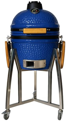 Kamado, barbecue giapponese in ceramica, diametro 40 cm, tavolini pieghevoli e ruote, carbone di legno, termometro incorporato, manico in legno, colore blu, ideale per giardino, terrazza, campeggio
