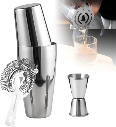 LEKEFETO Boston - Set shaker da cocktail da 600 ml e 450 ml, in acciaio inox, con colino e misurino, in metallo, accessori da bar di alta qualità, shaker professionale Boston per Bartending