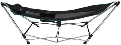 AKTIVE Hamaca Plegable con Estructura de Acero, Asiento de poliéster con Malla y Posavasos, Color Negro, 265 x 78 x 80 cm, Carga máxima 110 kg (63165)