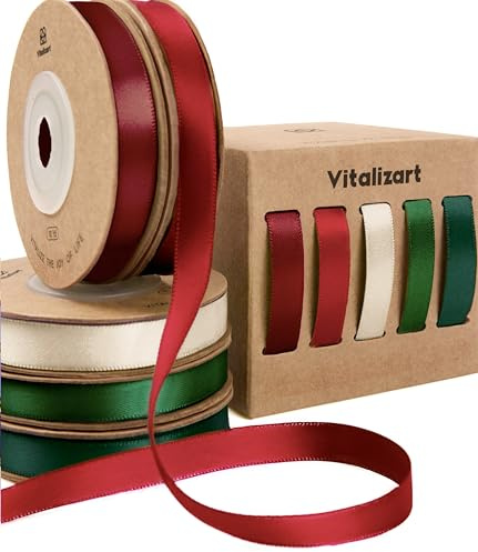 Vitalizart Nastro di Raso Serie Natalizia per l'Artigianato 0,95 cm x 45,7 m (5 Rotoli x 9,14 m), Nastro in Tessuto Bifacciale per Confezioni Regalo, Bouquet da Sposa & Decorazioni per Feste