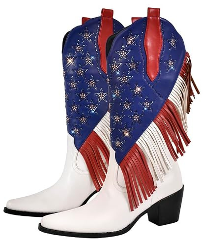 blingqueen Fringe Cowboy Boots Glitter Rhinestone Western Cowgirl Boots with Tassels Pull On Stacked Heels Prom Wedding Shoes