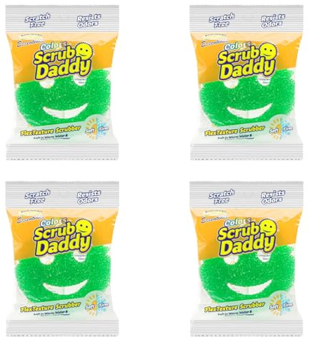 Scrub Daddy Essentials Éponges de Cuisine pour Le Lavage, Éponges Grattantes Non Rayantes à Texture Changeante, Produits de Nettoyage Anti-Odeurs pour Salle de Bain, Lot de 4