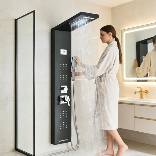 HARNART Système de Panneau de Douche avec 5 Modes, Tour de Panneau de Douche LED, 4 Jets de Massage Corporel Bec de Baignoire Pomme de Douche à Main avec Tuyau 1,5 m, Ensemble de Douche,Noir