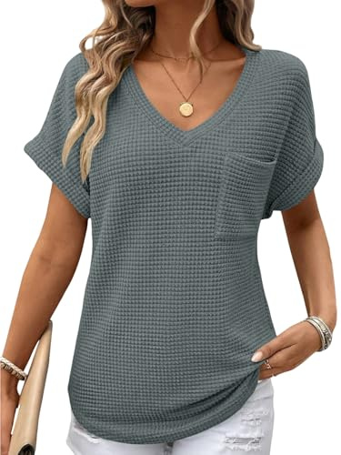 Cuptacc T Shirt Femme Élégants Col en V Oversize Manches Courtes Top Basique Couleur Uni Gaufre Tee Shirt Décontracté Respirante Haut Gris L