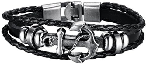 Hanessa Leder Surfer-Armband in Schwarz Anker Herren-Schmuck Edelstahl Geschenk zu Weihnachten für den Freund/Mann