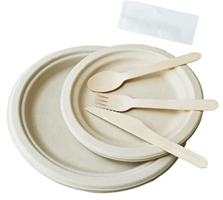 125Pcs Paper Plates and Cutlery Set Biodegradable Strong Disposable Dinnerware Compostable Sugarcane Bagasse, Party Tableware Include 7&9inch Dishes, Forks, Knives and Spoons, Barbecue, Camping