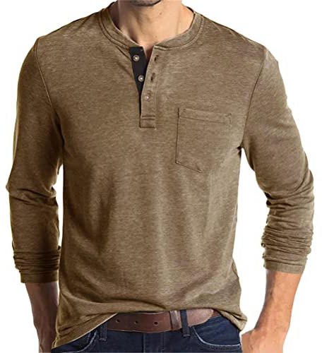 Minetom Homme Henley T-Shirt Manches Longue Détendu en Forme Décontractée avec Boutons Patte De Boutonnage Col Rond Chemises A Kaki L