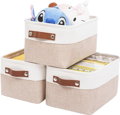 Mangata Fabric Storage Boxes, Thickened Canvas Storage Baskets with Handle for Shelves, Clothes Toys(S, Khaki/White, without Drawstring,3 Pcs)