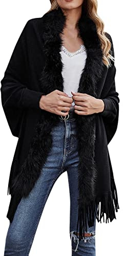Poncho, da donna, in cotone, caldo, morbido, in cashmere, elegante poncho primaverile, lavorato a maglia, di alta qualità, per donne, cappotto a maglia, regalo per la mamma, Nero , M