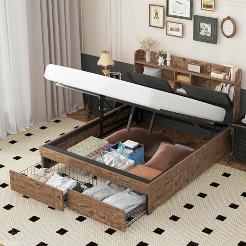 KOMHTOM Lit Coffre avec Tête de Lit de Rangement, Lit en Bois avec 2 tiroirs de Rangement, Cadre de Lit Plateforme, Sommier à Lattes(sans Matelas) (140x200 cm)