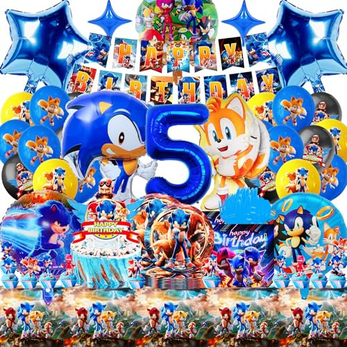 SABAN Soni Geburtstagsdeko 5 Jahre, 95 Stück Soni Partygeschirr Set mit 3D Folienballon,Teller und Servietten, Hochwertig Geburtstag Banner und Tortendeko, Perfekt für Blau Themen Kindergeburtstage