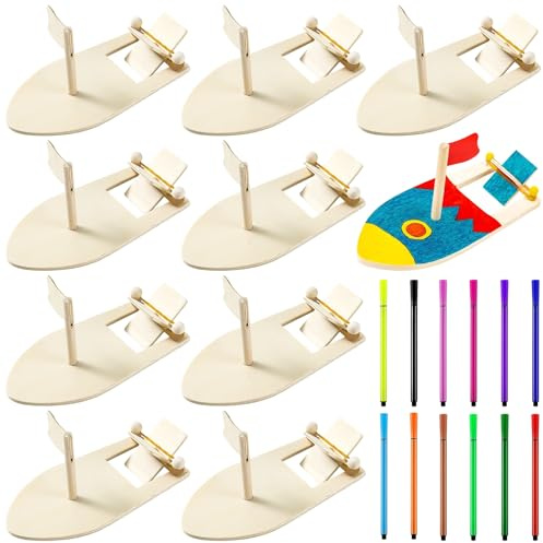 YOUNGSAY 10 Pièces Bricolage en Bois Voilier Peinture, Créativité Bricolage Voilier en Bois, Bateau en Bateau Decoration avec 12 Stylos Aquarelle, Pour Promouvoir la Pensée Créative Chez les Enfants