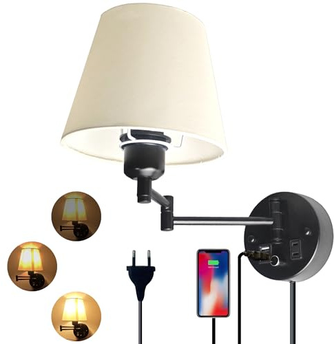 Plug in Wall Light for Bedroom with USB Socket,E27 Base Dimmable Bedside Wall Lamp with Cord and Switch,Black Wall Sconce White Linen Fabric Shade for Reading Lounge Cloakroom(Bulb not included)